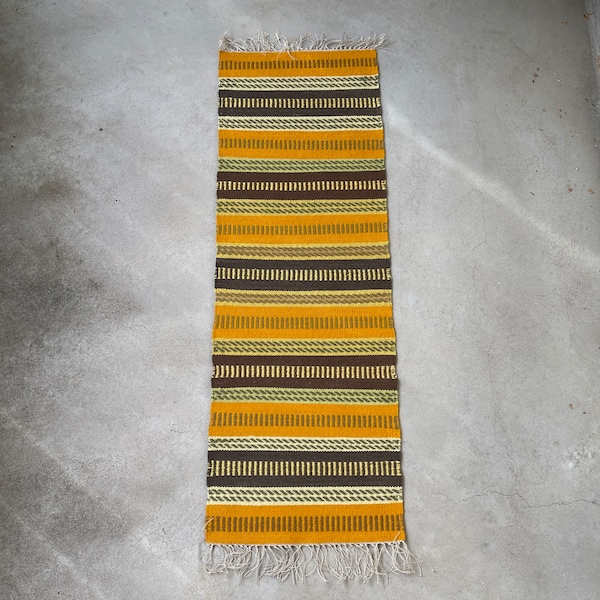 BEAUTIFUL SWEDISH TABLERUNNER / Scandinavian / Vintage textile / Wool Linen / Orange Brown Yellow / Striped / Rustic / Woven tabletopper