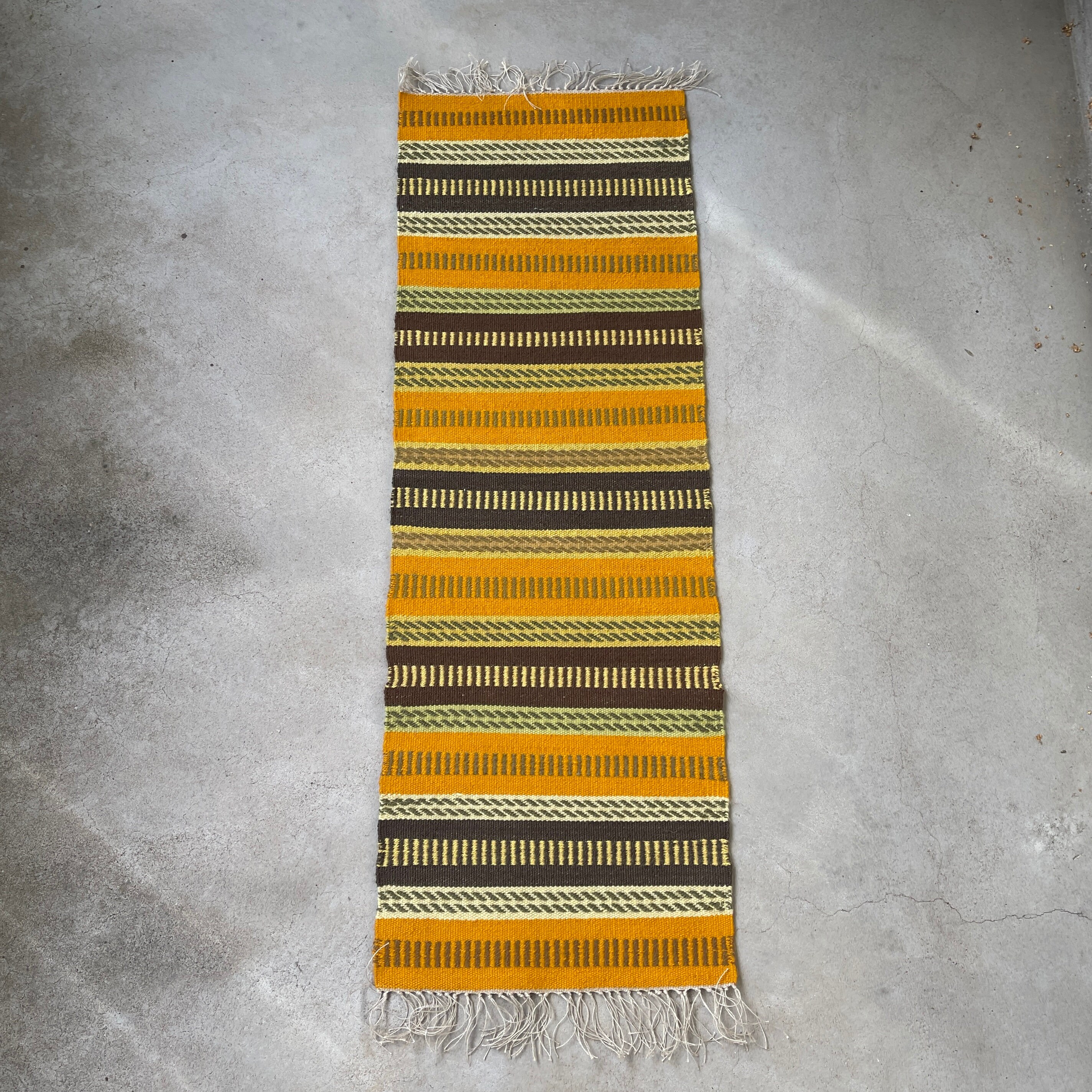 beau tablerunner suédois/scandinave textile vintage lin de laine orange brun jaune rayé rustique table tissée