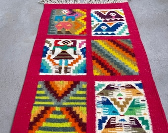 Vintage Tunisian Tapestry: Handwoven Wool Wall Hanging, Boho Tribal Decor
