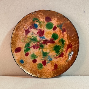 VINTAGE ENAMEL TRAY / Dish / Art / Plate / French retro plate / Mid century / 60s 70s / Beige Red Green Blue / Copper / Handmade / Abstract