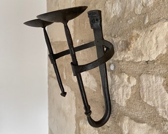 Rustic French Cast Iron Wall Candleholder Set with Face Detail