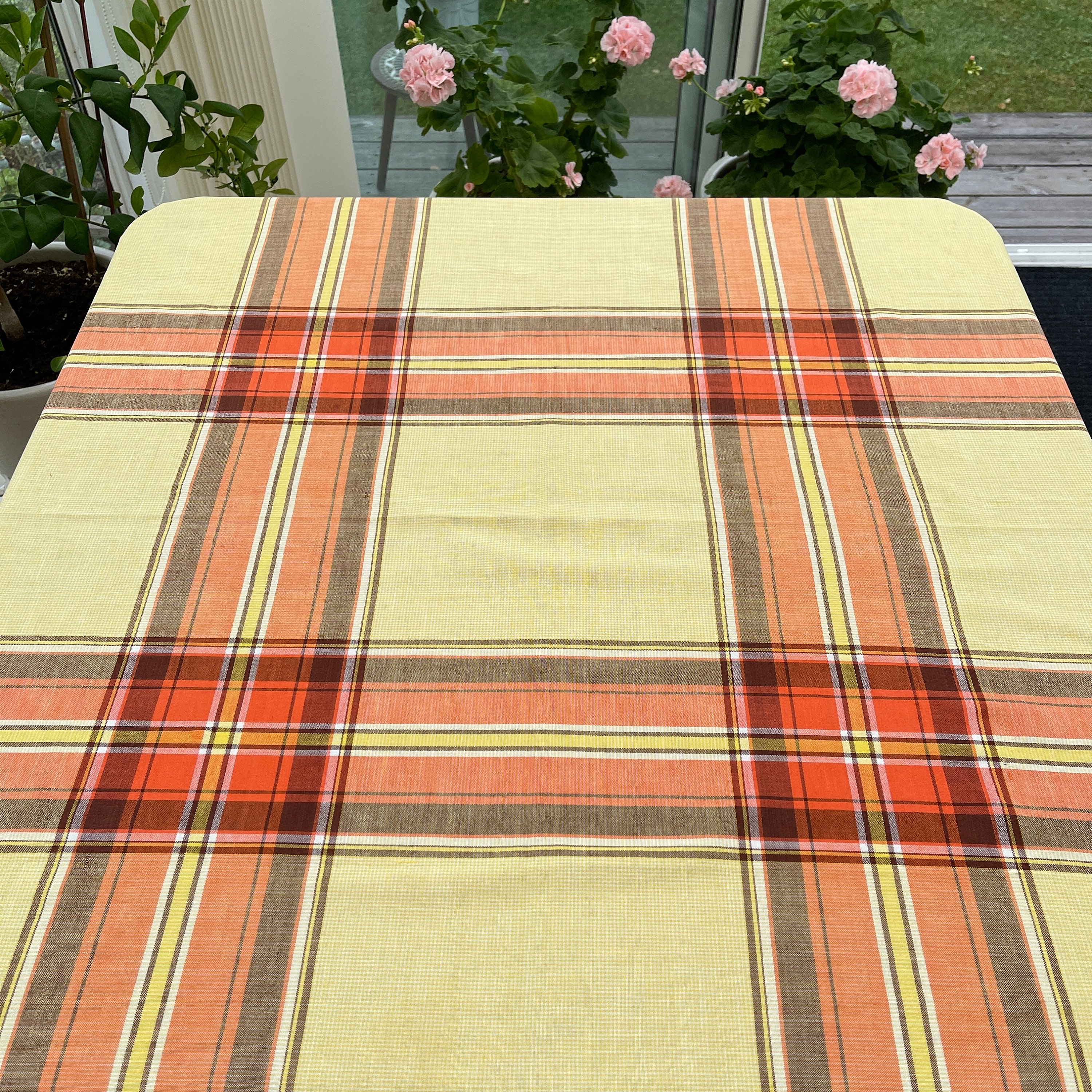 Nappe Suédoise Vintage/Tissu Coton Brun Jaune Orangé Damier Pique-Nique et Style d'été Décoration In