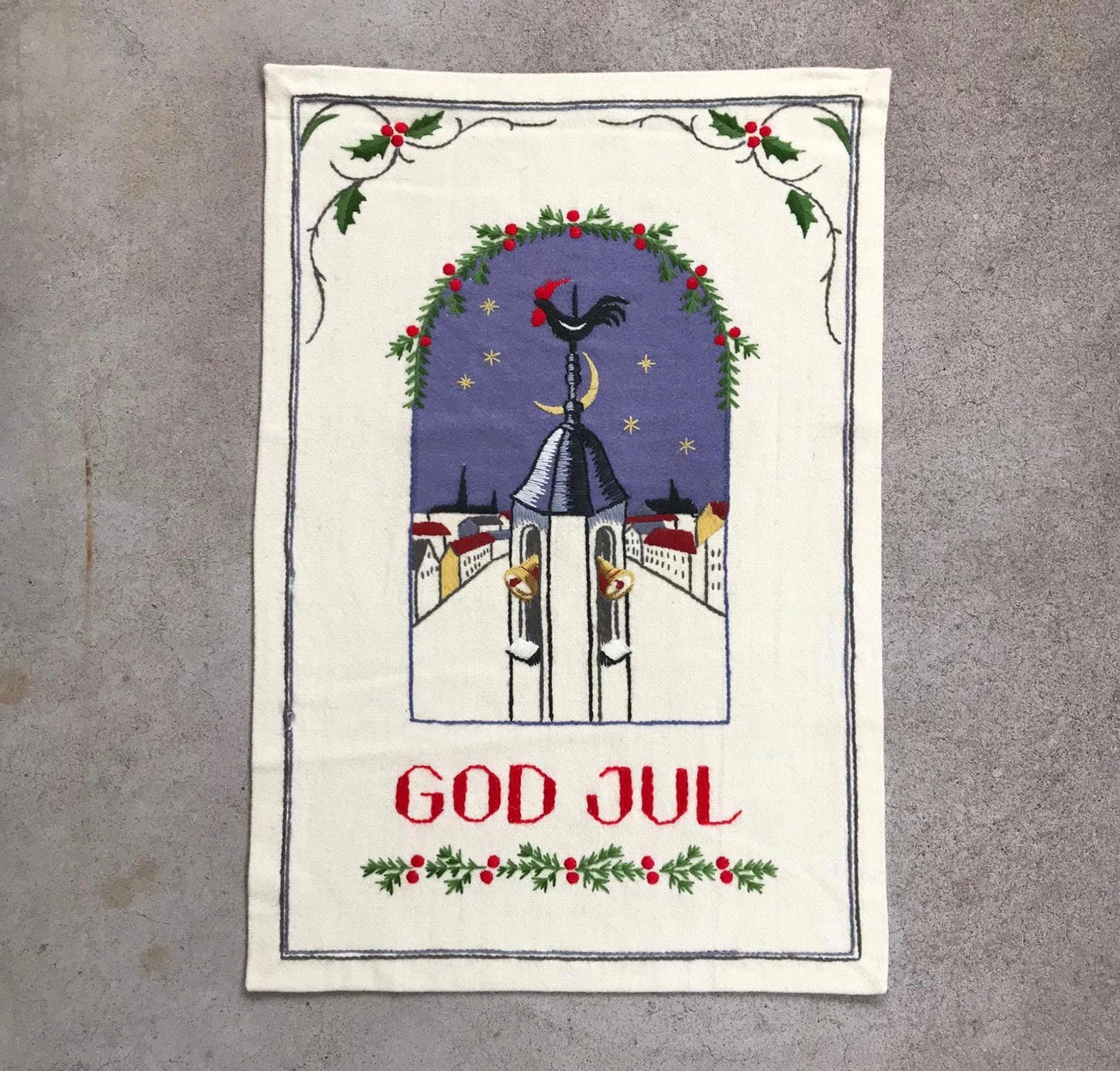 Swedish Christmas Wallhanging/Broderie Vintage Points Hand Made Texte Suédois God Jul Wall Décor Chu