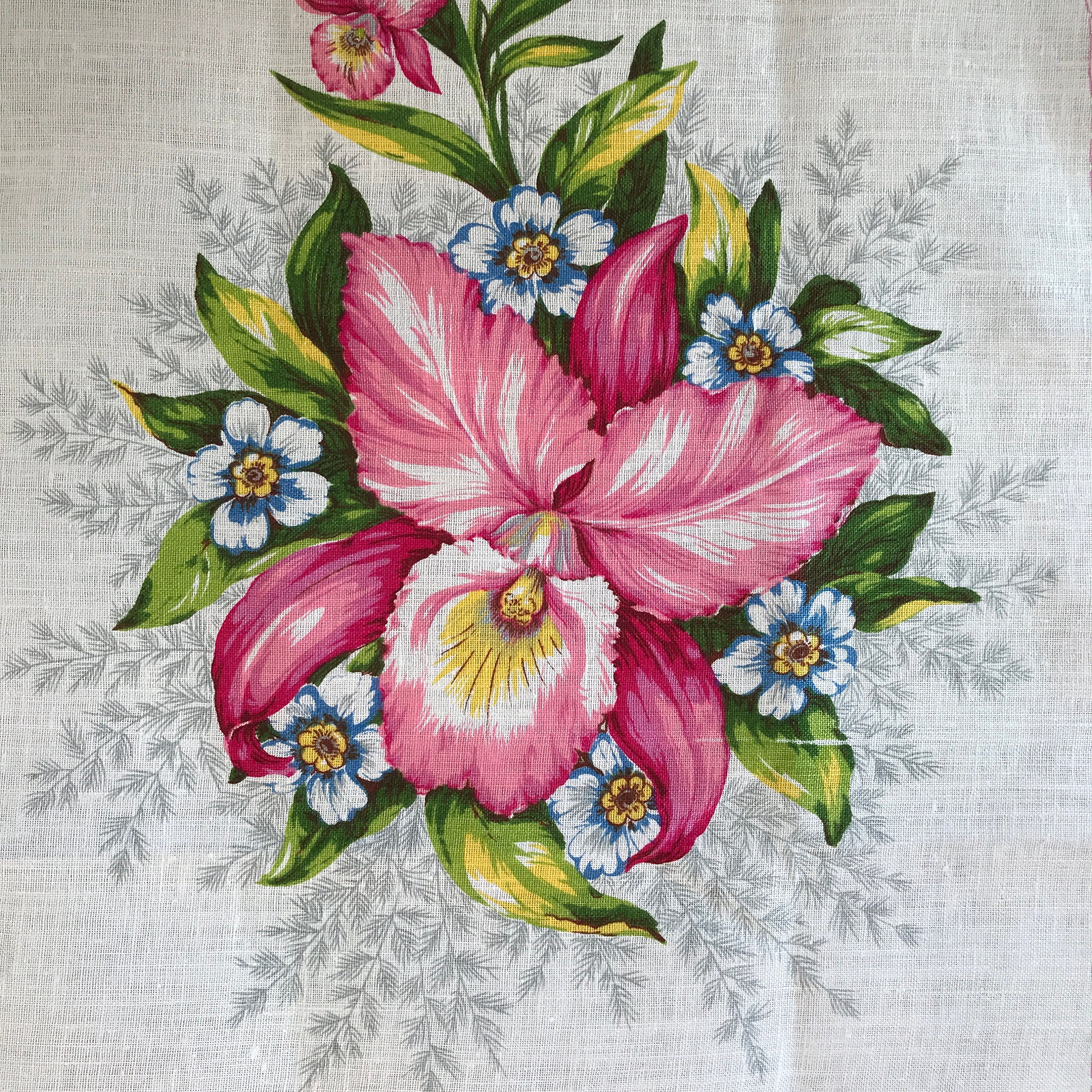 Vintage Lin Teatowel/Mur Suspendu Vaisselle Serviette Linge Pur Floral Rose Blanc Vert Cuisine Texti