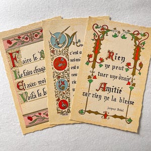 TABLEAUX POÈMES FRANÇAIS / Français vintage / Ensemble de 3 / Années 40 50 / Mots de sagesse / Proverbe / Spiritualité / Citation / Décoration d'intérieur / Créations artisanales en papier