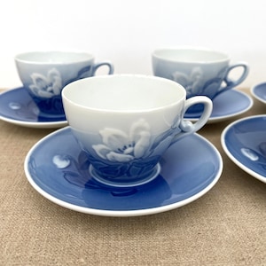 Bing and Grondahl Danish Coffee Cup: Blue Magnolia Porcelain Saucer