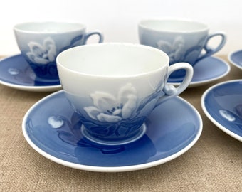 Bing and Grondahl Danish Coffee Cup: Blue Magnolia Porcelain Saucer
