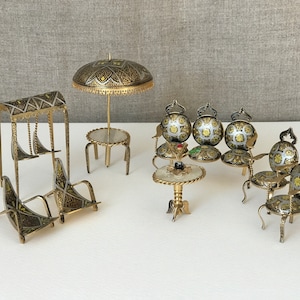 FRENCH MINIATURE FURNITURES / 8 piece set / Dollhouse / Garden / Chairs / Sofa / Parasol / Antique / Collectible / Vintage / Metal