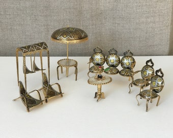 FRENCH MINIATURE FURNITURES / 8 piece set / Dollhouse / Garden / Chairs / Sofa / Parasol / Antique / Collectible / Vintage / Metal