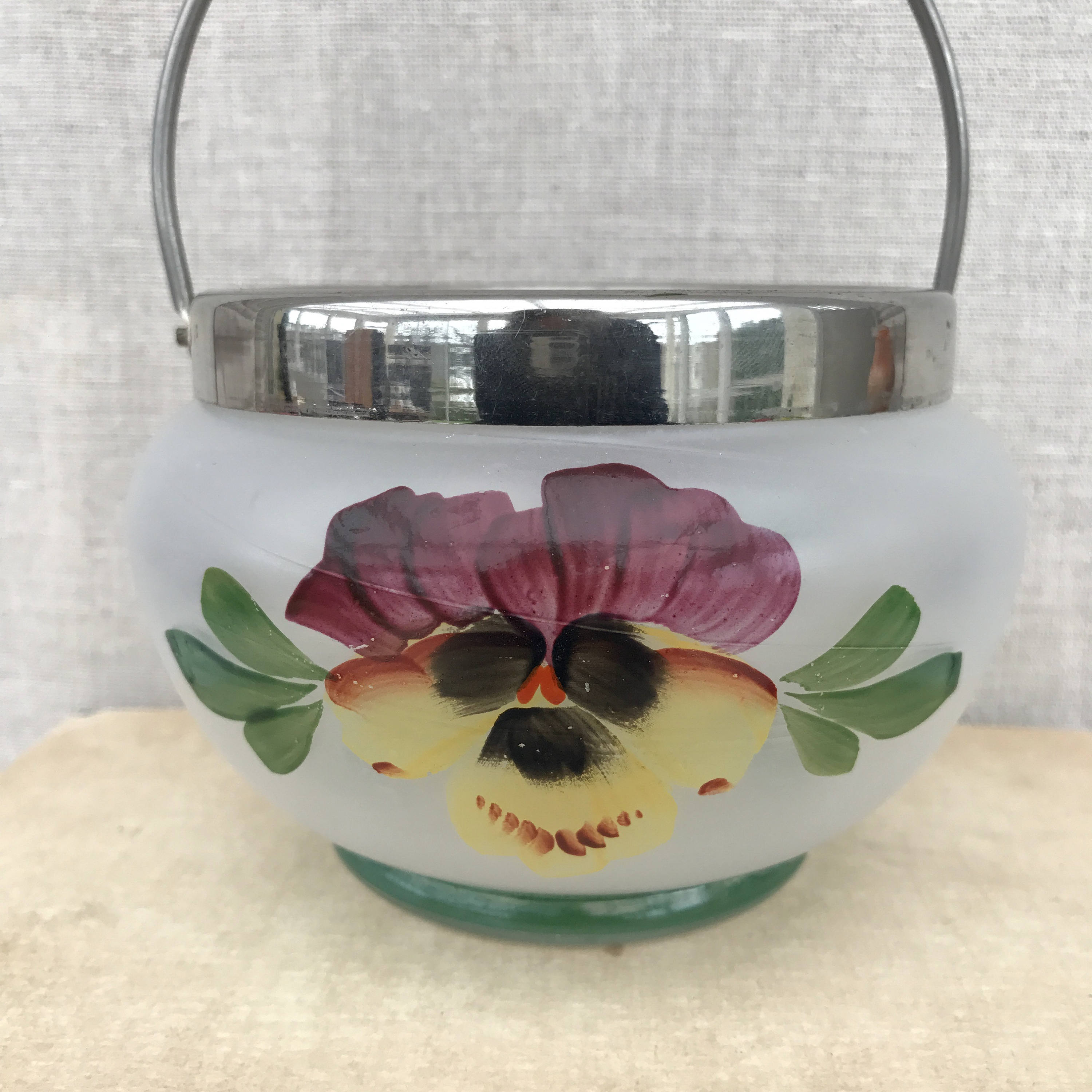 Vintage Verre Suédois/Bol avec Poignée Antique Paint Main Floral Bonbon Suger en Métal