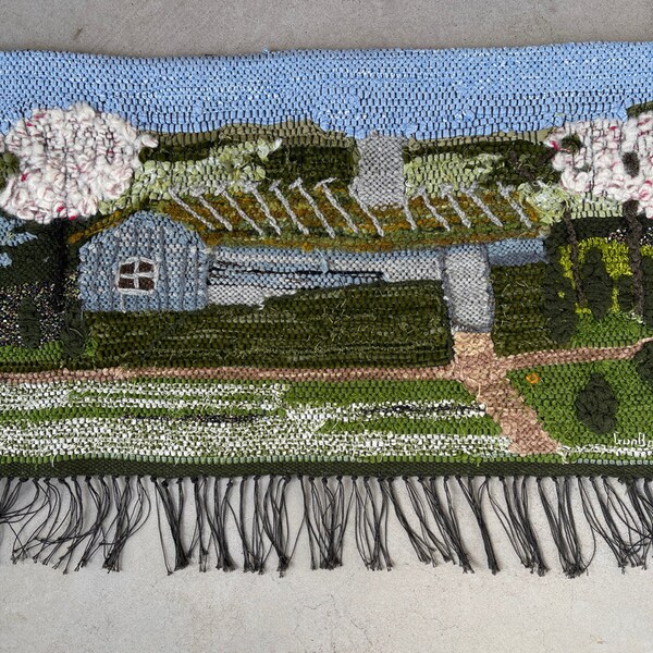 STUNNING SWEDISH TAPESTRY / Vintage / Woven wall hanging / Hand made / Textile art / Signed / Summer landscape / Blue Green