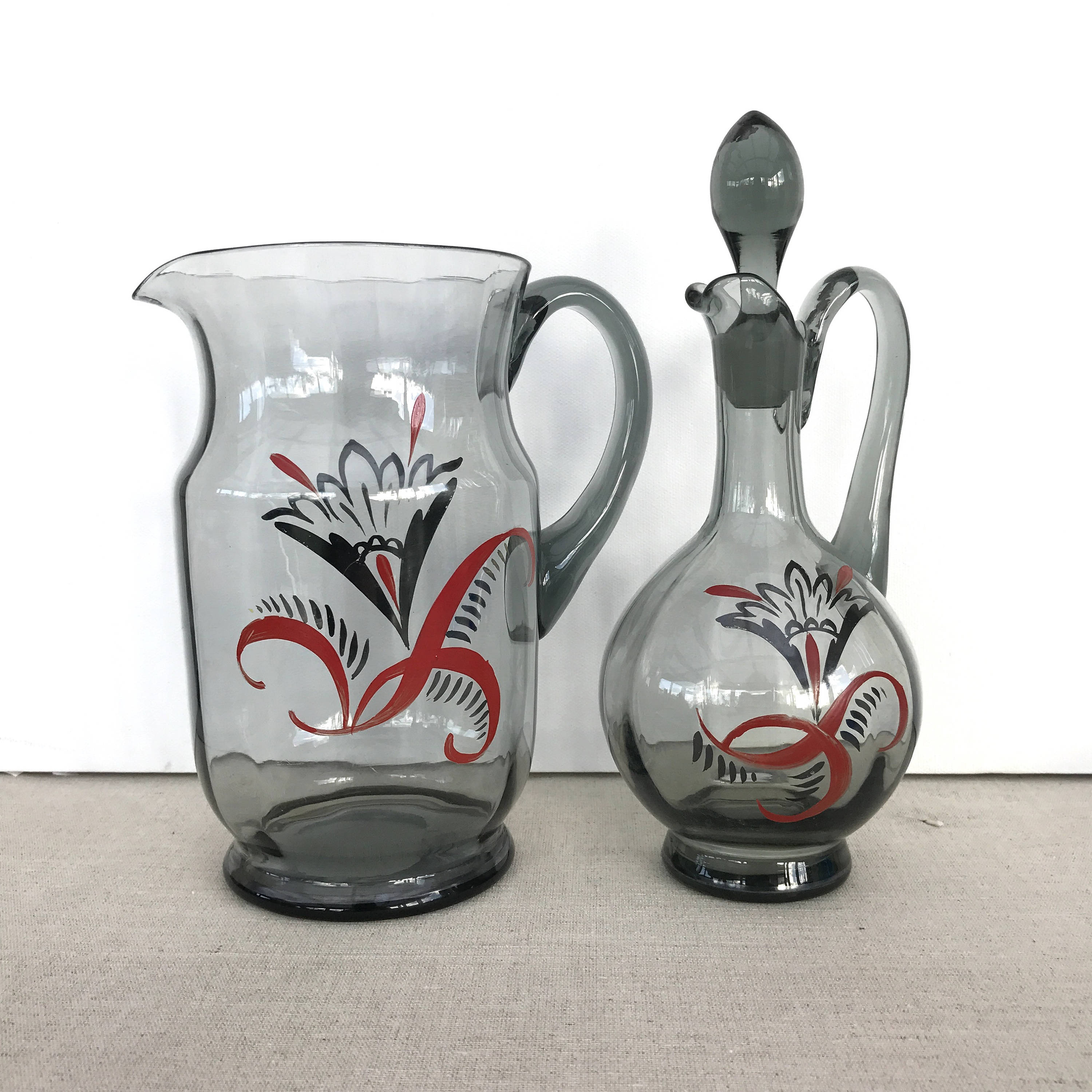 Swedish Vintage Jug/Carafe Pot Pichet Set de 2 Eau et Sirop Portion 30S 40S 50S Vieux Verre Suédois