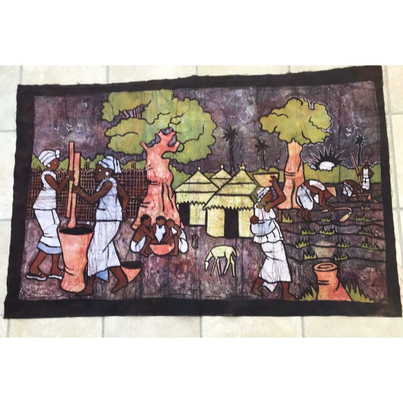 Vintage Batik Wall Hanging: African Village Cotton Textile Art