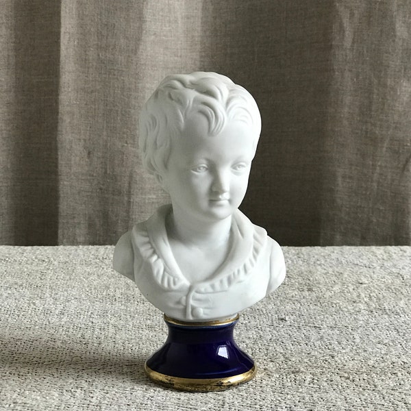 FRENCH VINTAGE SCULPTURE / Buste / Boy Child / Biscuite porcelaine / Signed N / Art / Figurine / Collectible / 60s / White Blue Gold