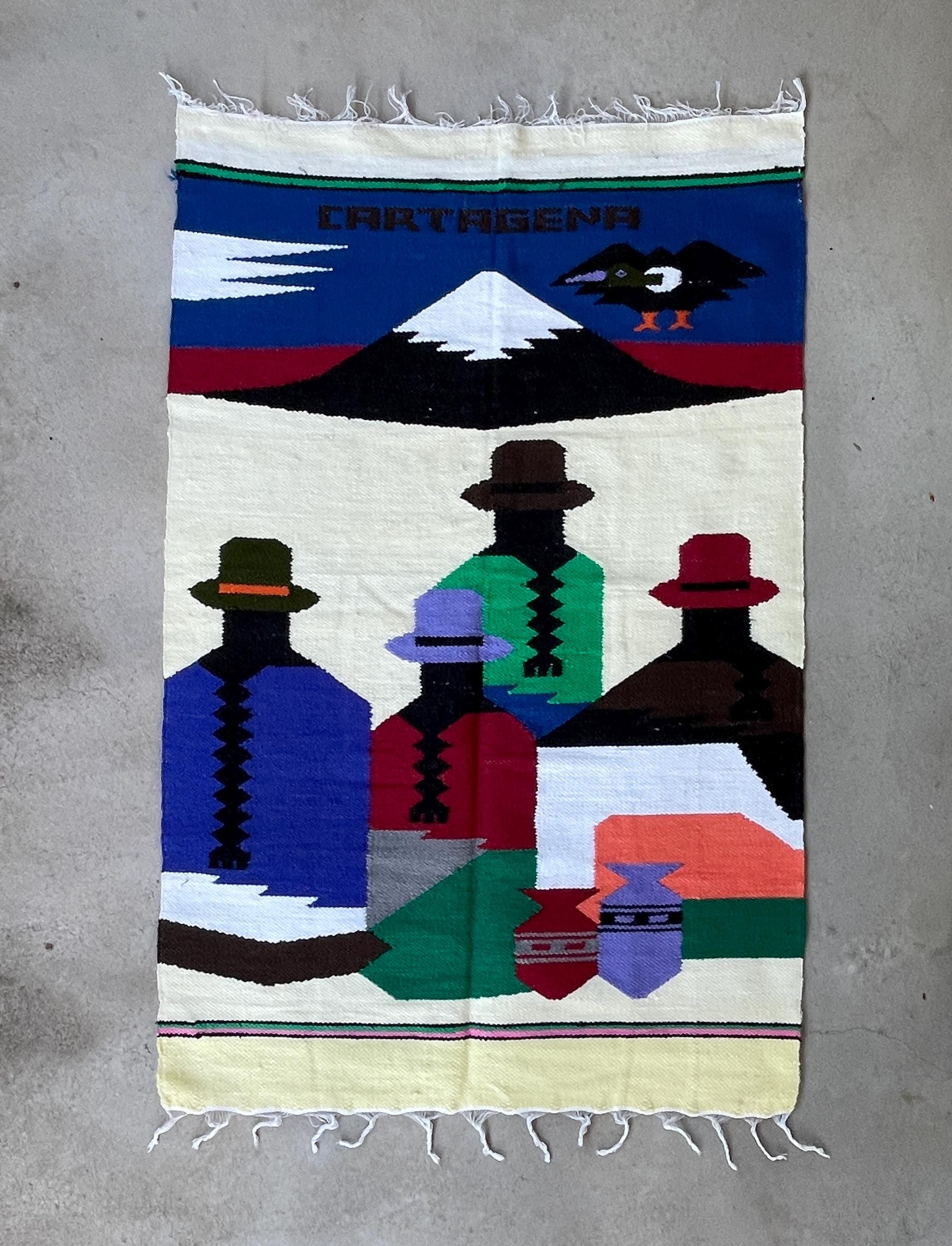Vintage Hand Woven Wool Tapestry: Cartagena Colombia Folk Art Rug
