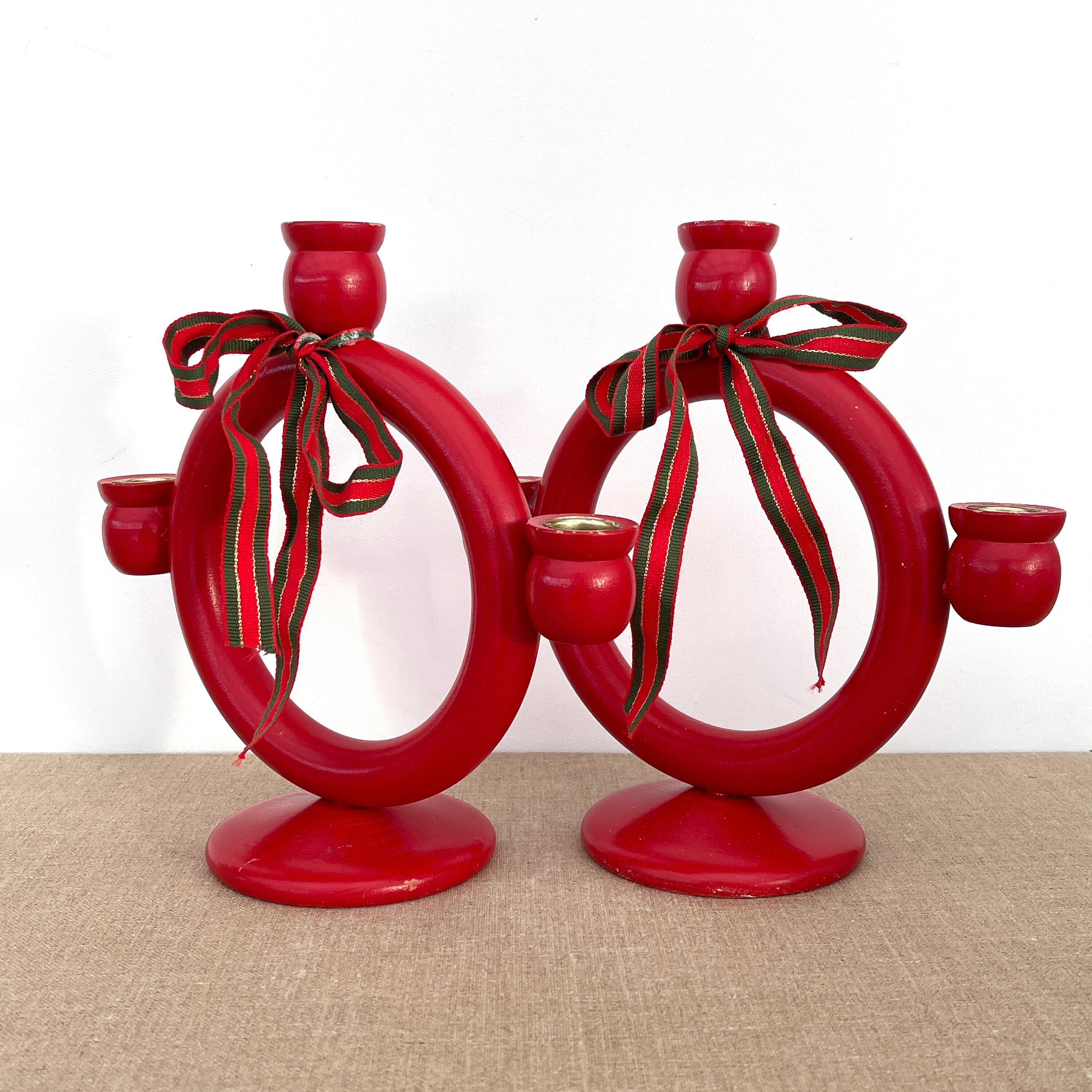 Bougeoirs Suédois/Rouge Décor de Noël Set 2 Rustique Candélabre Trois Bras Bois Massif Design Scandi