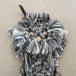 Könnte beinhalten: Ein grauer und weißer Makramee-Eulen-Wandbehang mit Holzaugen und einem Holzschnabel.