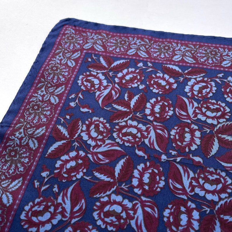 ITALIAN SILK SCARF / Mens silk scarf / Small vintage pocket scarf / Retro / Red Blue / Floral pattern / Luxury / Gift / Hankie image 3