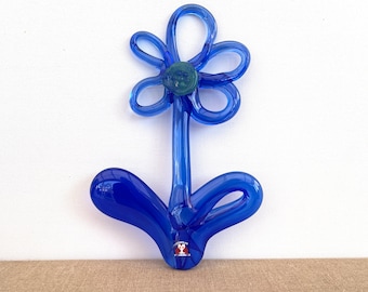 FINISH GLASS ART / Studiolasi Finland / Flower / Blue / Wall decor / Window decor / 70s / Retro  Made in Finland / Home decor