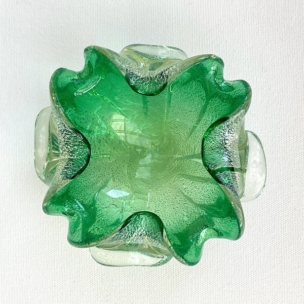 MURANO GLASS ASHTRAY / Bowl / White Green / Hand made / Retro / Italian art glass / Mid century modern / 50s 60s