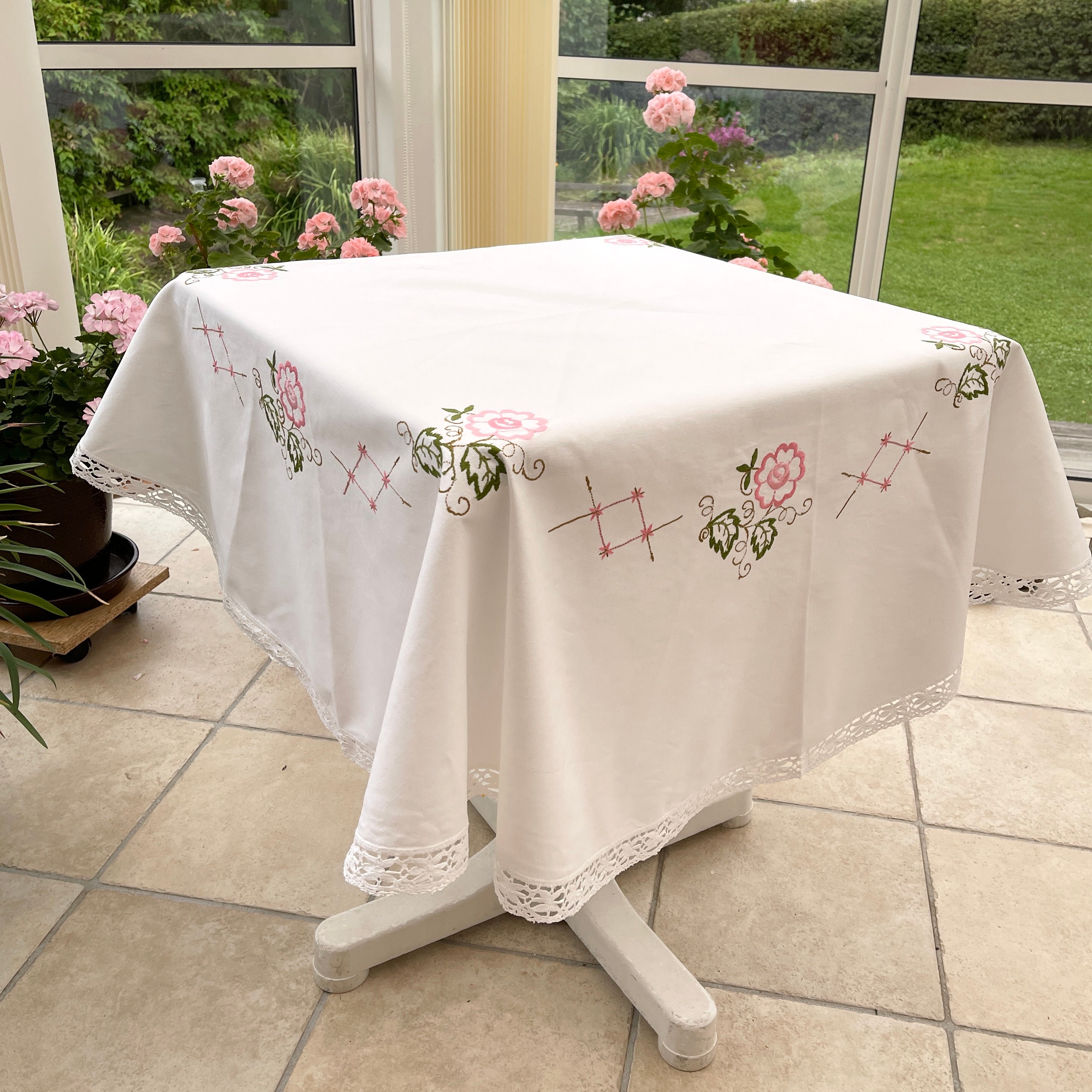 Vintage Swedish Embroidered Tablecloth: Handmade Floral Lace