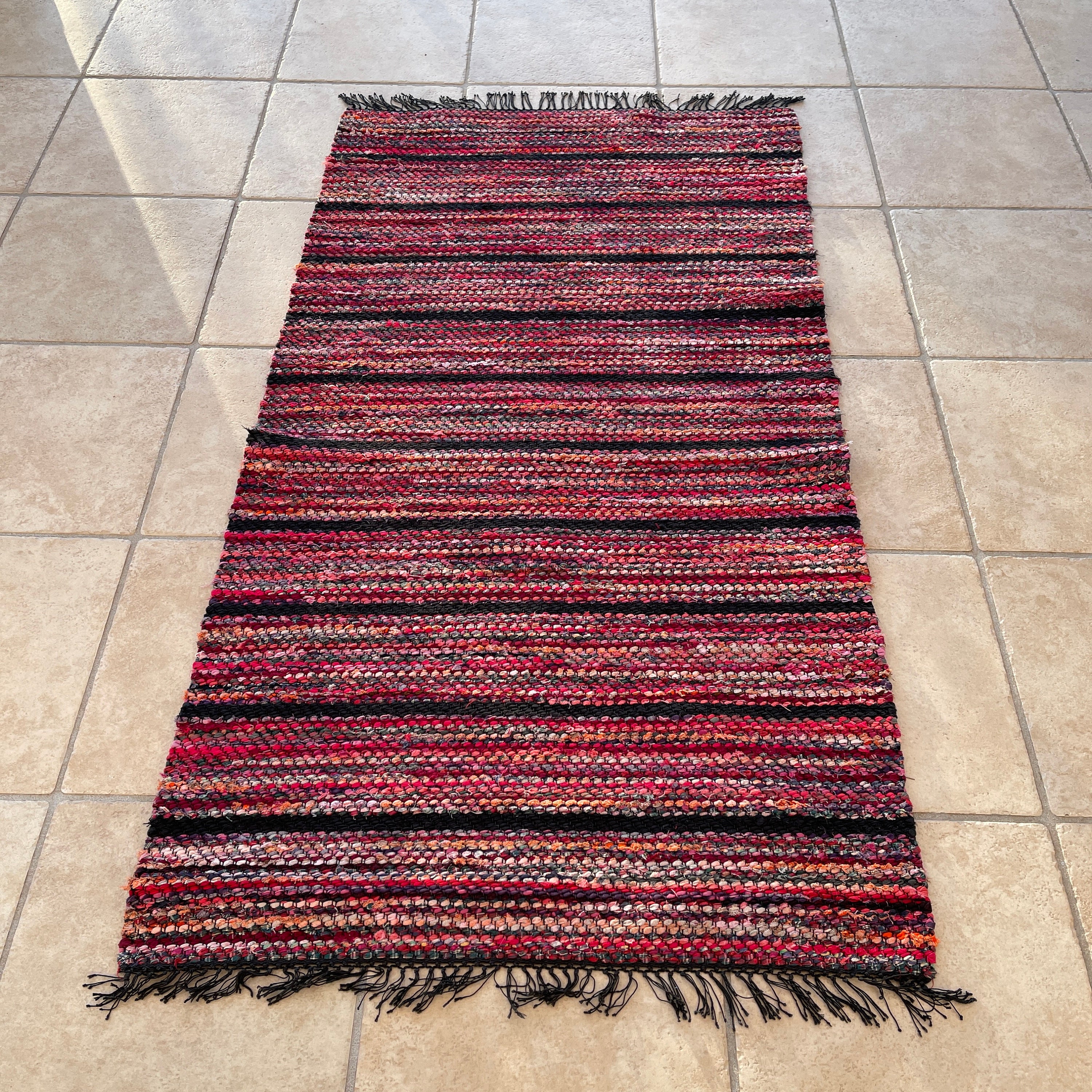 【Vintage】Hand Knit Rug 170×100 SWEDISH RAG RUG / Vintage Floor Carpet / Striped / Hand