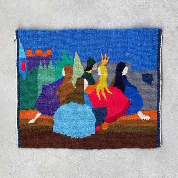 Vintage Swedish Wool Tapestry: Handmade Fairytale Wall Hanging