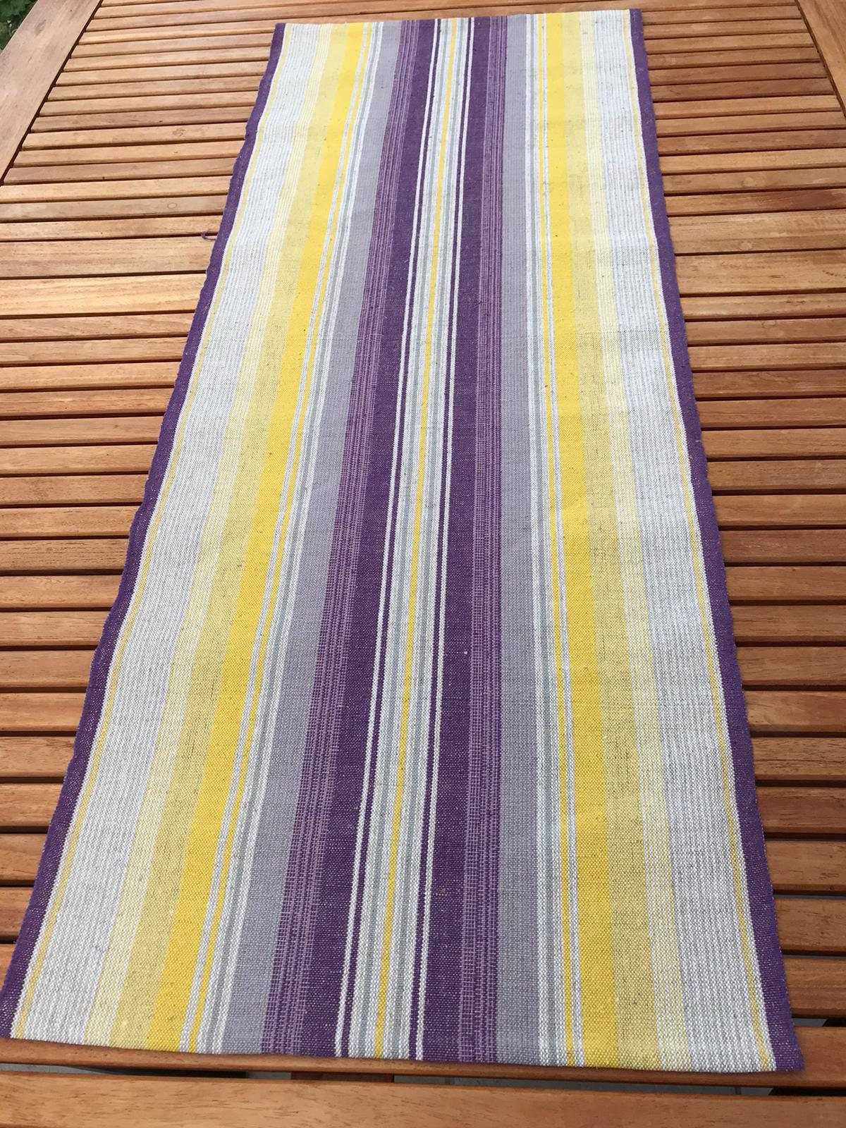 Swedish Woven Tablerunner/Tablecloth Vintage Scandinavian Textile Cotton Beige Yellow Purple Rustic 