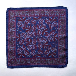 ITALIAN SILK SCARF / Mens silk scarf / Small vintage pocket scarf / Retro / Red Blue / Floral pattern / Luxury / Gift / Hankie image 2