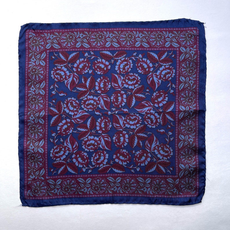 ITALIAN SILK SCARF / Mens silk scarf / Small vintage pocket scarf / Retro / Red Blue / Floral pattern / Luxury / Gift / Hankie image 2
