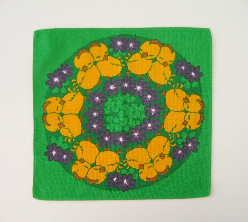 Tablette de Pâques Suédois/Nappe Chiffon Petit Suède Coton Rétro 60 S 70 Vert Jaune Poulets Printemp
