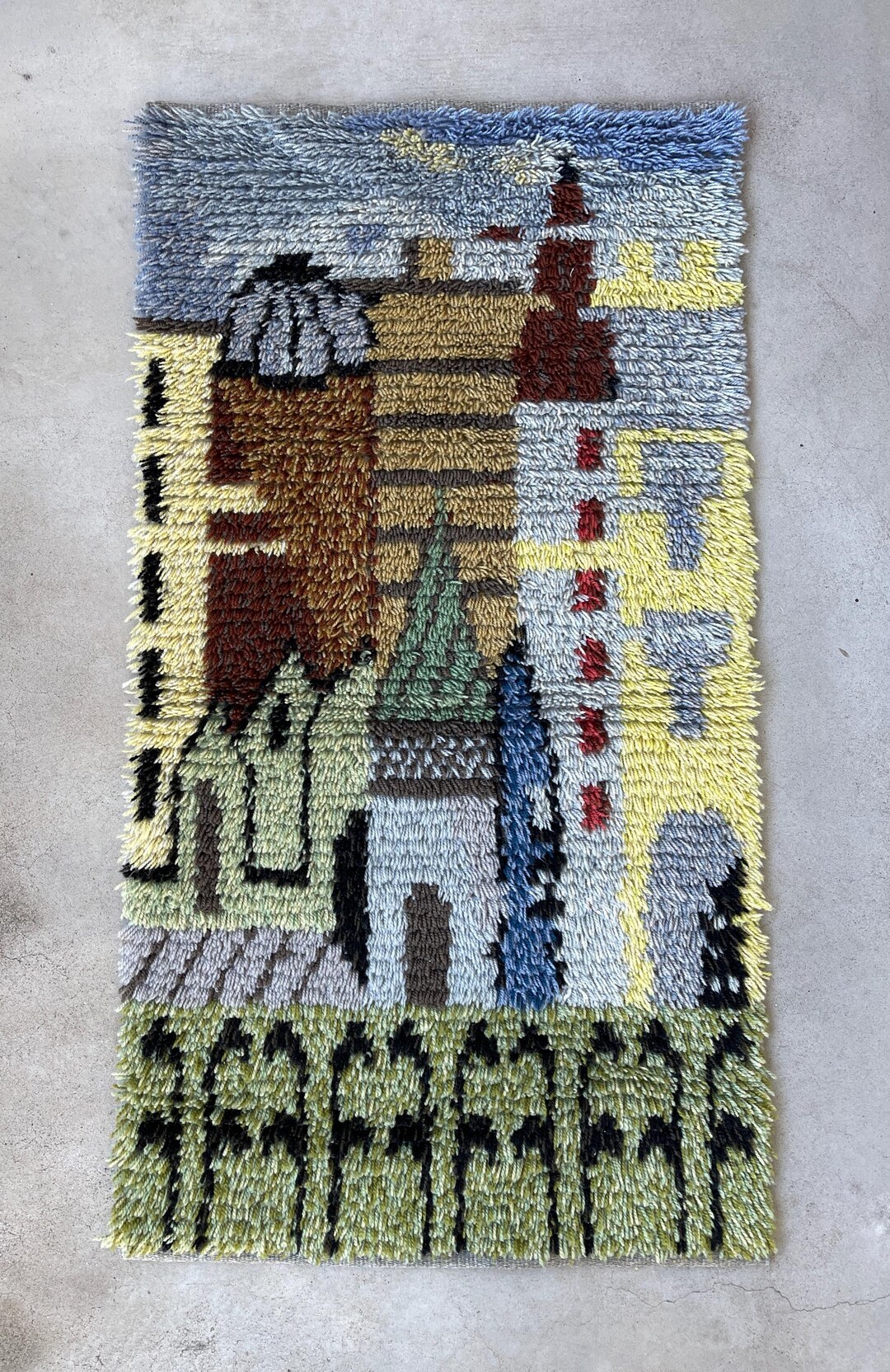 Etsy Rya Rug Kits Handmade Swedish Rya Rug: Multicolor Cityscape Textile Art, Wool Linen ...