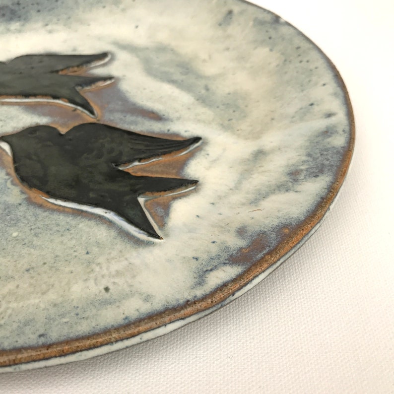 SWEDISH CERAMIC PLATE Large Art Birds Hand made Scandinavian Rustic Platter Pottery vintage Clay Glaze Terracotta