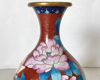 Vaso vintage in cloisonné: smalto su ottone, motivo floreale con uccelli