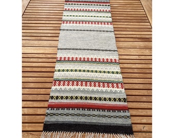 SWEDISH WOVEN TABLERUNNER / Scandinavian / Wool / Hand woven / Striped / Textile / Folk art / Craft / Rustic / Tablecloth