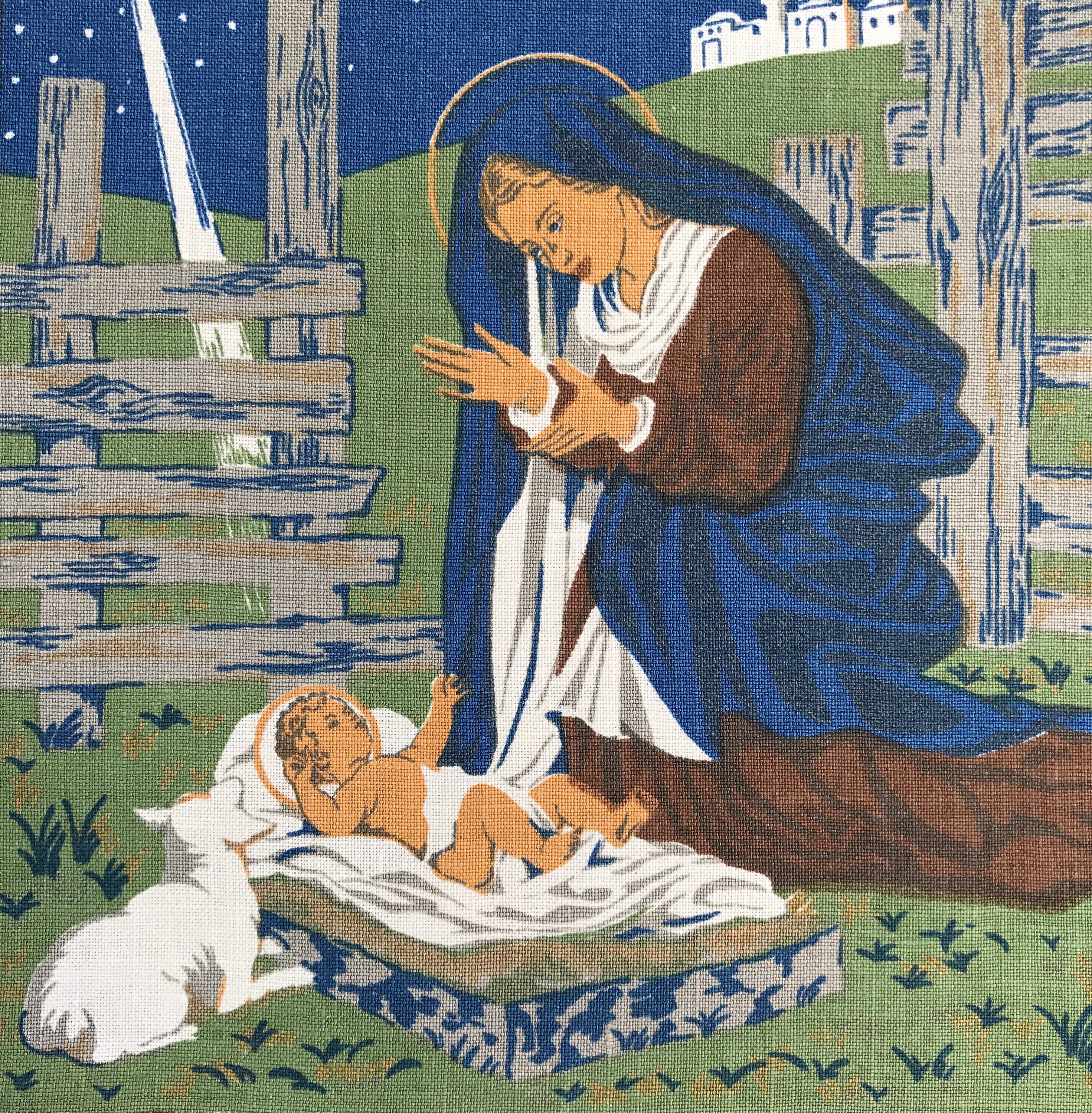Tenture Rétro/Décoration Murale Marie et Enfant Religieux Imprimé Coton Scandinave Des Années 60 Vin