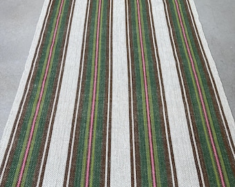 Vintage Handwoven Linen Tablerunner: Scandinavian Striped Textile