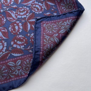 ITALIAN SILK SCARF / Mens silk scarf / Small vintage pocket scarf / Retro / Red Blue / Floral pattern / Luxury / Gift / Hankie image 6