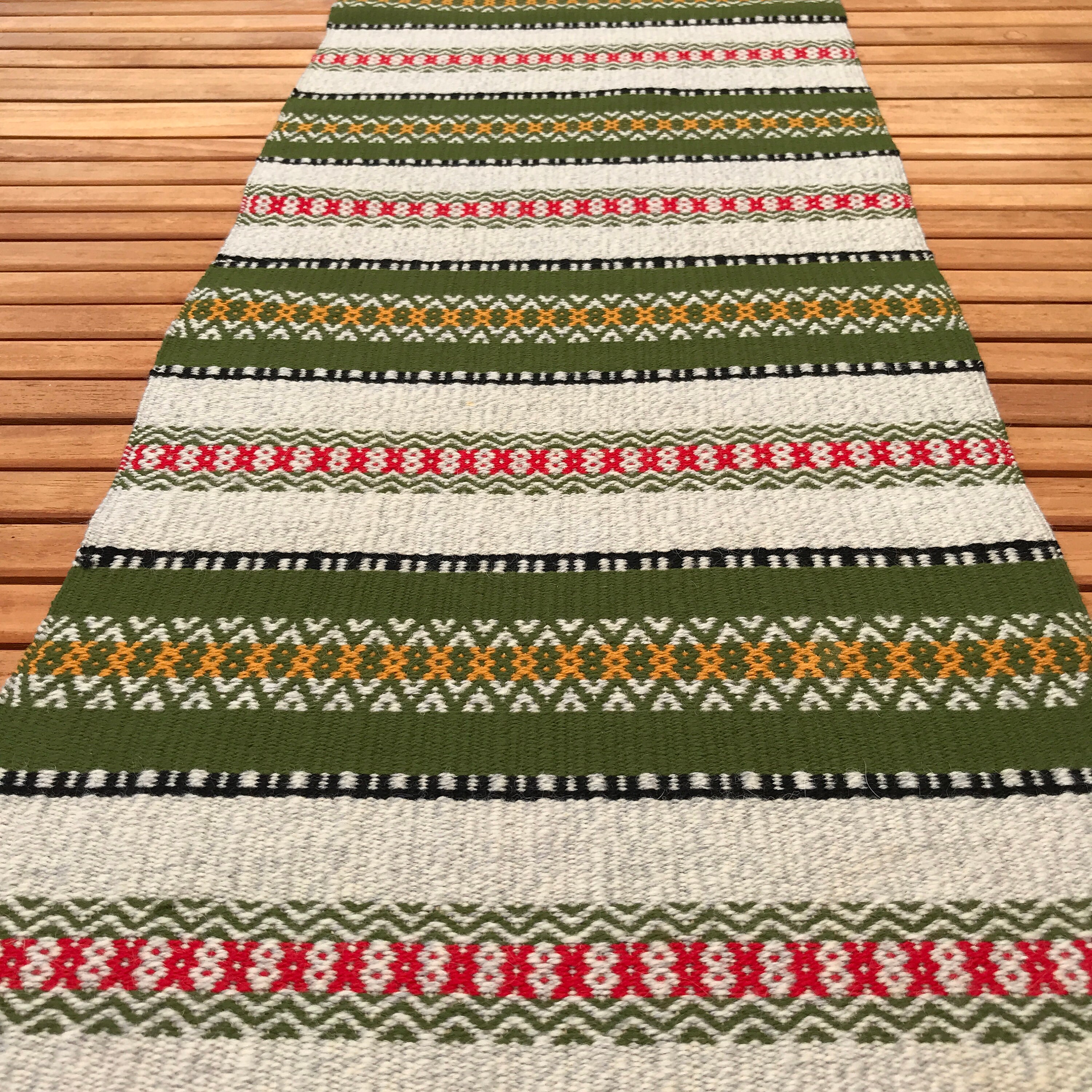 Swedish Vintage Tablerunner/Mur Suspendu Scandinave Textile Wool Linen Gris Vert Rouge Rayé Rustique