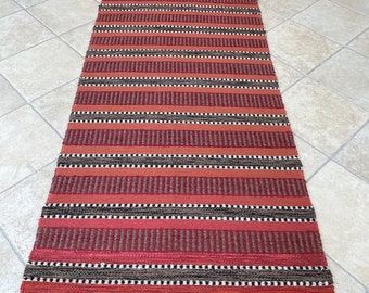 SWEDISH RAG RUG / Vintage floor carpet / Striped / Hand woven / Scandinavian / Rustic folk craft / Boho / Cottage Country / Red Orange Brown