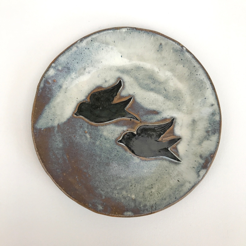 SWEDISH CERAMIC PLATE Large Art Birds Hand made Scandinavian Rustic Platter Pottery vintage Clay Glaze Terracotta