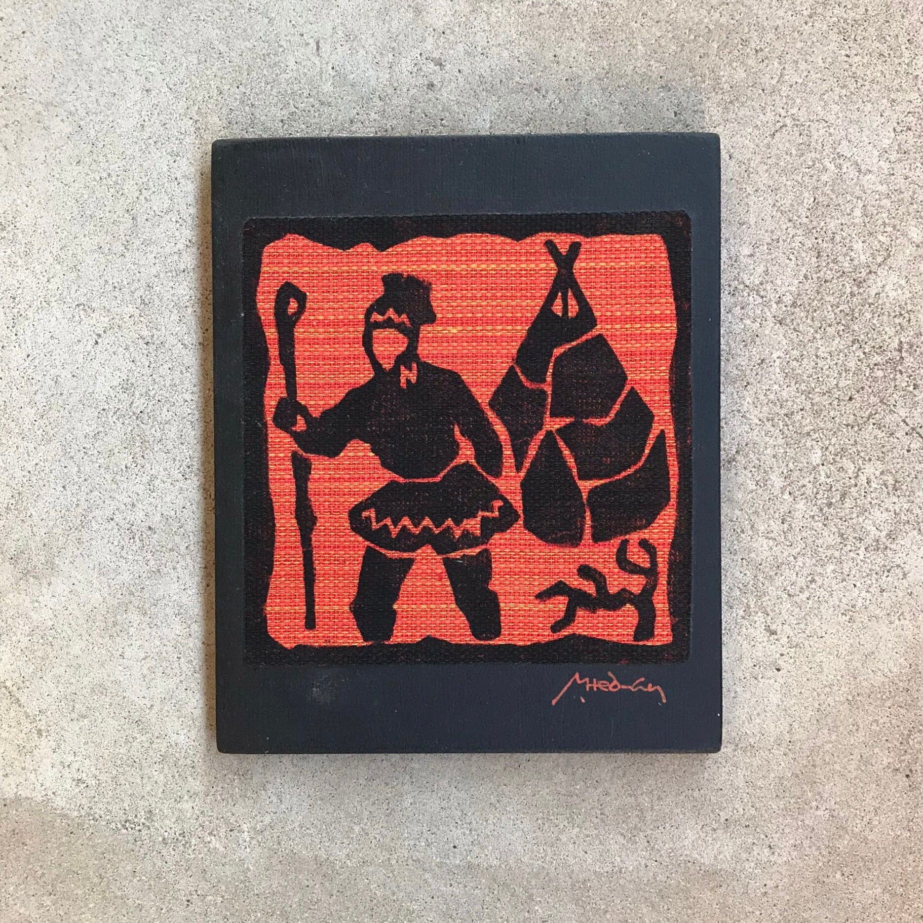 Art Textile Suédois/Accrochage Mural Décoration Murale Blockprint Peuple Sami Orange Noir Imprimé su