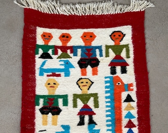 Vintage Tunisian Wool Tapestry: Hand Woven Tribal Wall Decor