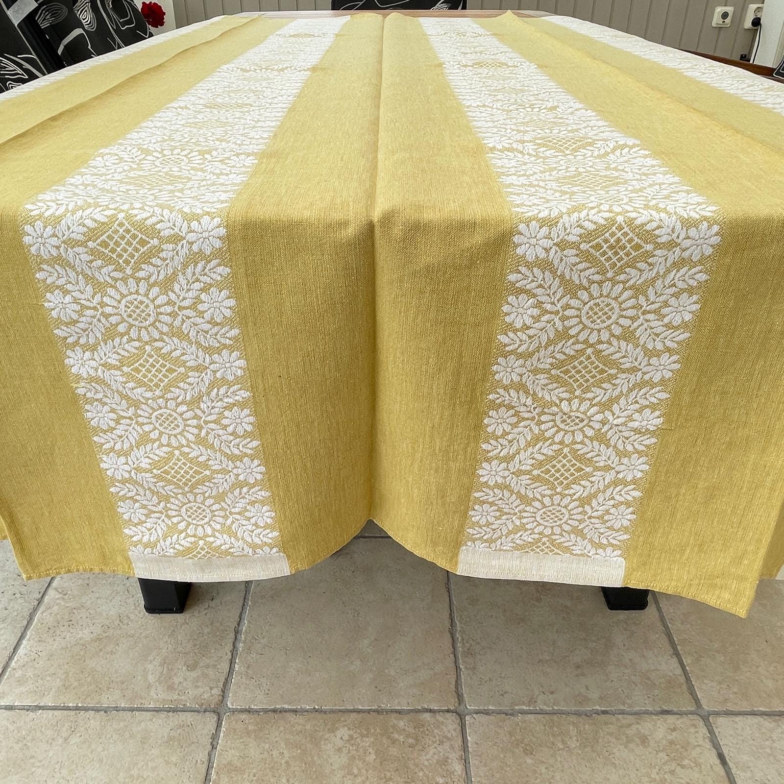 Vintage Linen Cotton Tablecloth: Floral Stripes, Swedish