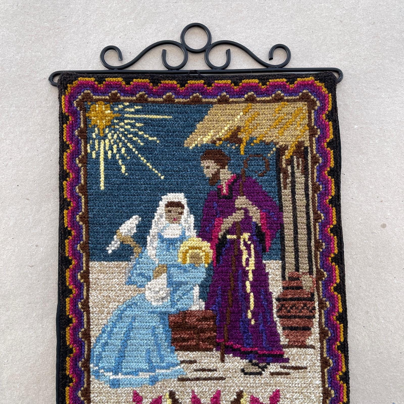 ヴィンテージスウェーデン製クリスマスタペストリー：手作りウール刺繍 