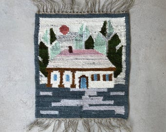 Vintage Polish Wool Tapestry: Rustic House Kilim Wall Hanging
