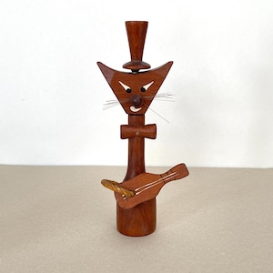 GATO DE MADERA DANÉS / Sacacorchos / Diseño de Arne Basse / Teca / Retro / Años 60 y 70 / Estilo moderno de mediados de siglo / Marrón / Figurita / Hecho en Dinamarca
