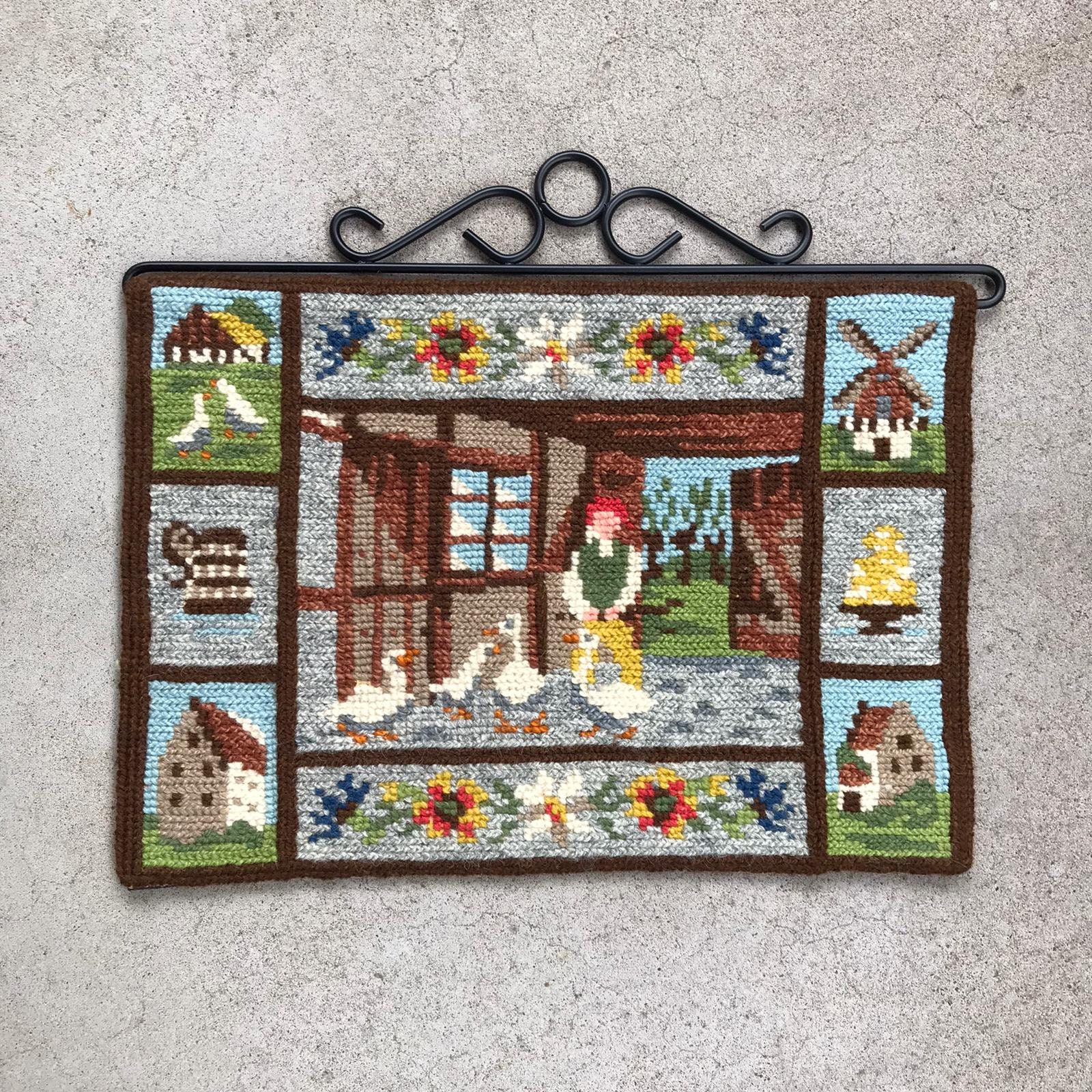 Swedish Vintage Tapestry/Mur Suspendu Main Faite Scandinave Laine 60S 70S Broderie Points Tvistsöm R