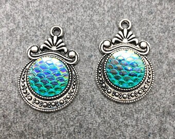 20pcs Light Blue Mermaid Scale Charms, Fish Scale Charms,Antique Silver Tone, Mermaid Pendants,Charms Findings 20x29mm