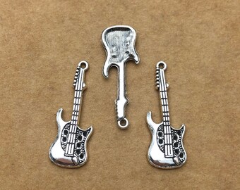 30pcs Antique Silver Guitar Charms, Guitare Pendentifs Charmes Musicaux, 36x14mm